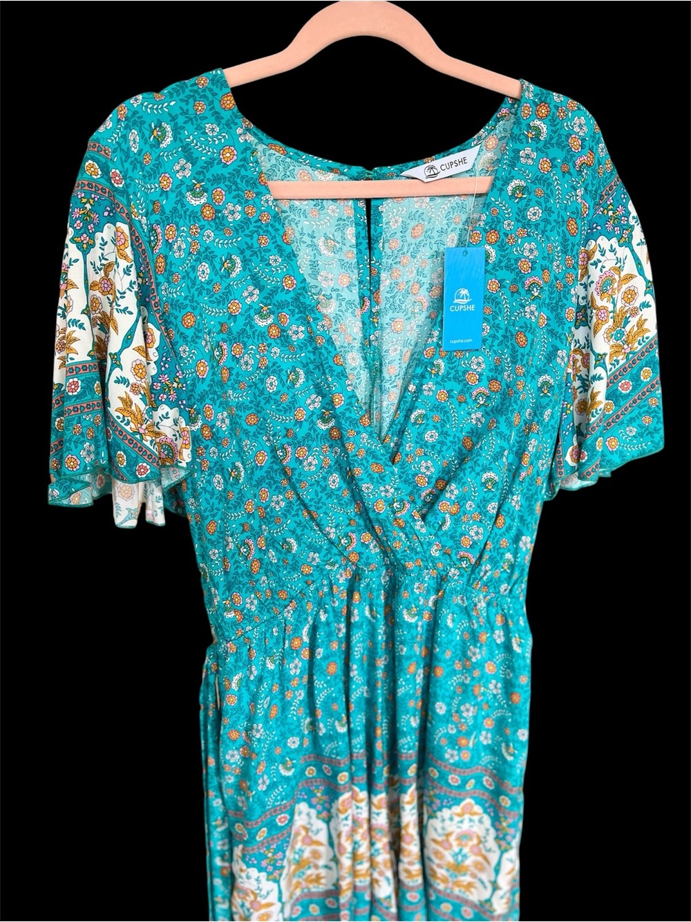 Teal Floral Boho Tie-Waist Romper / Mini Dress - Picture 3 of 7